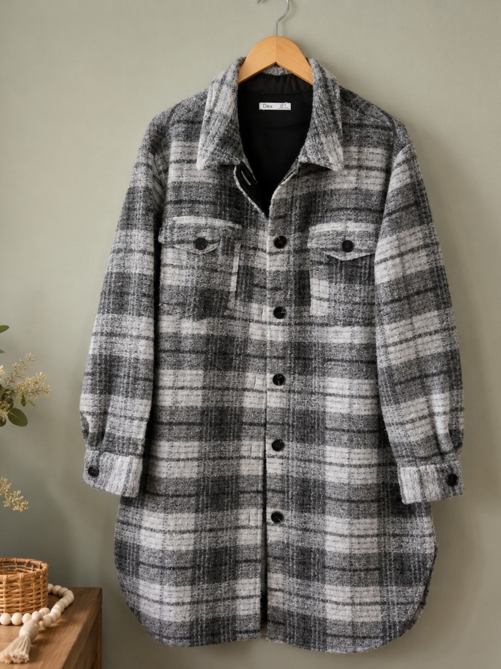 Dex Plaid Oversized Long Shacket Jacket Grey Black Size M